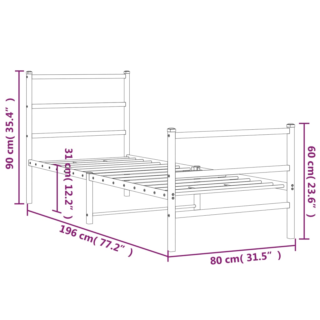 Metal Bed Frame without Mattress with Footboard Black 75x190cm