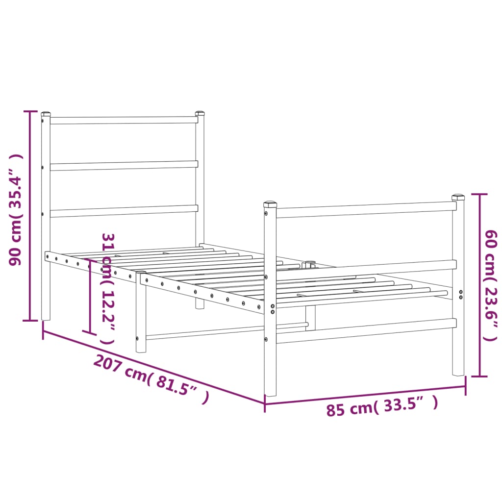 Metal Bed Frame without Mattress with Footboard Black 80x200cm