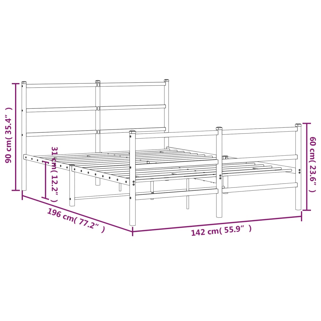 Metal Bed Frame without Mattress with Footboard Black 135x190cm