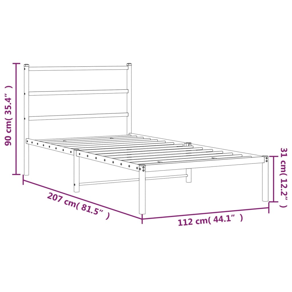 Metal Bed Frame without Mattress with Headboard White 107x203cm