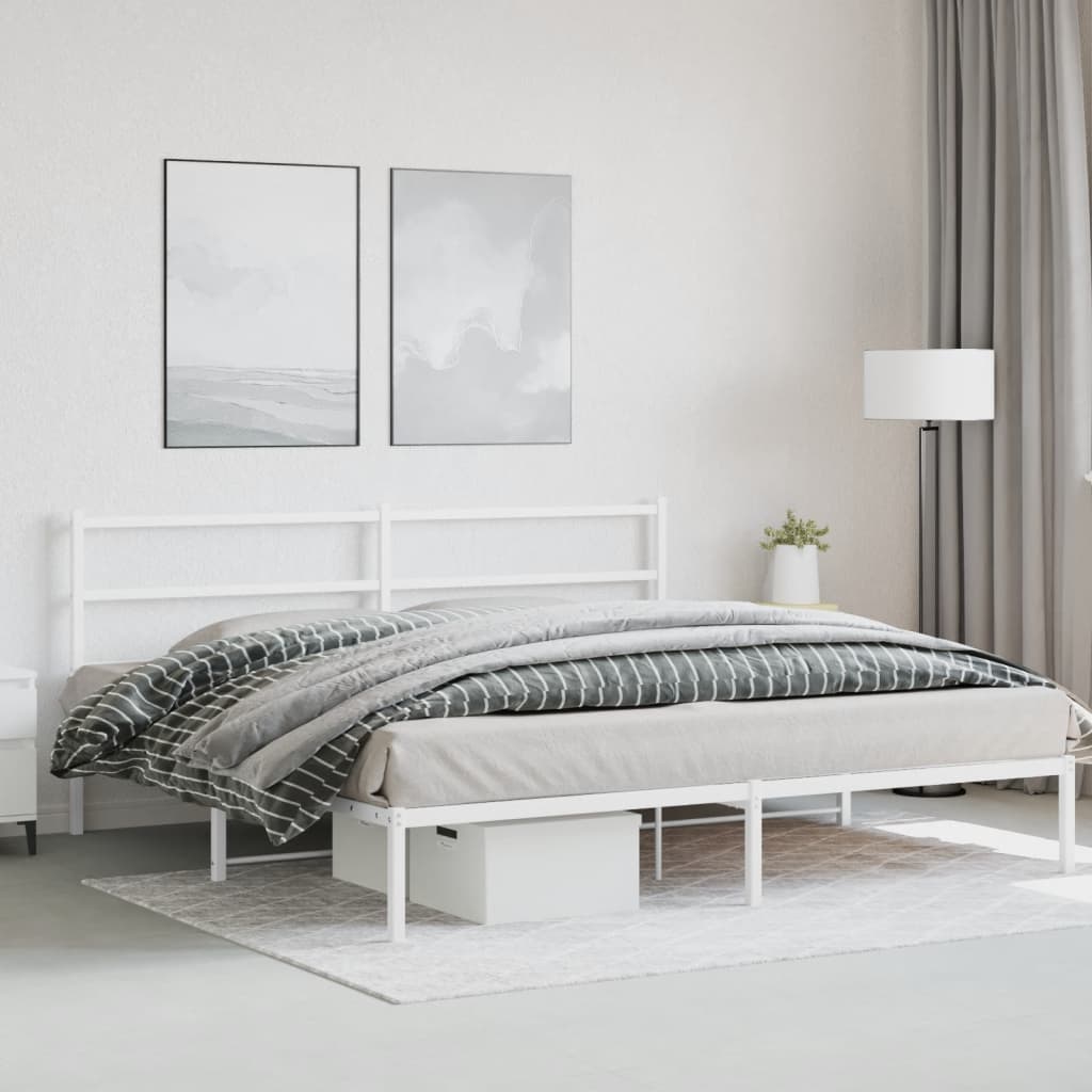 Metal Bed Frame without Mattress with Headboard White 200x200cm