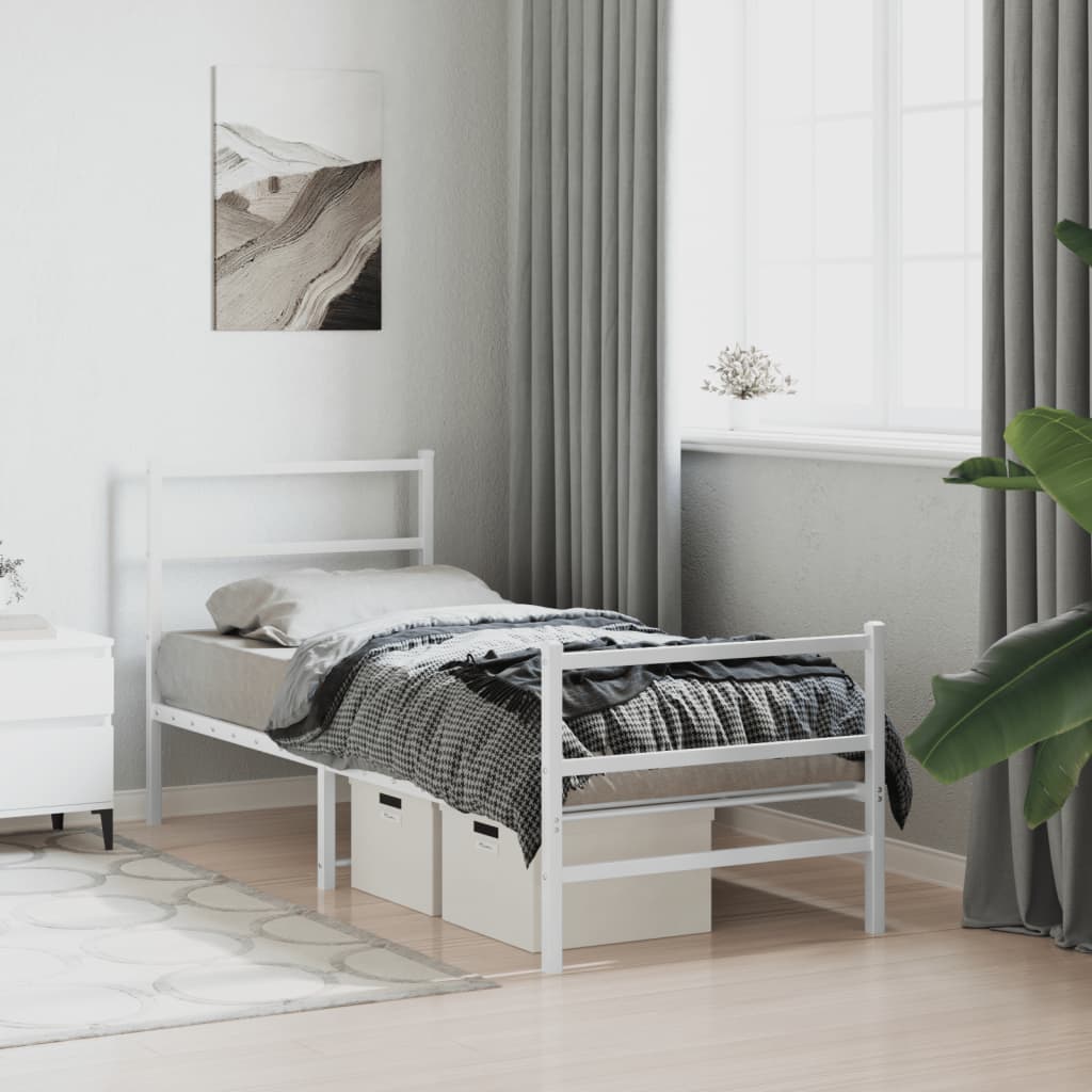 Metal Bed Frame without Mattress with Footboard White 75x190cm