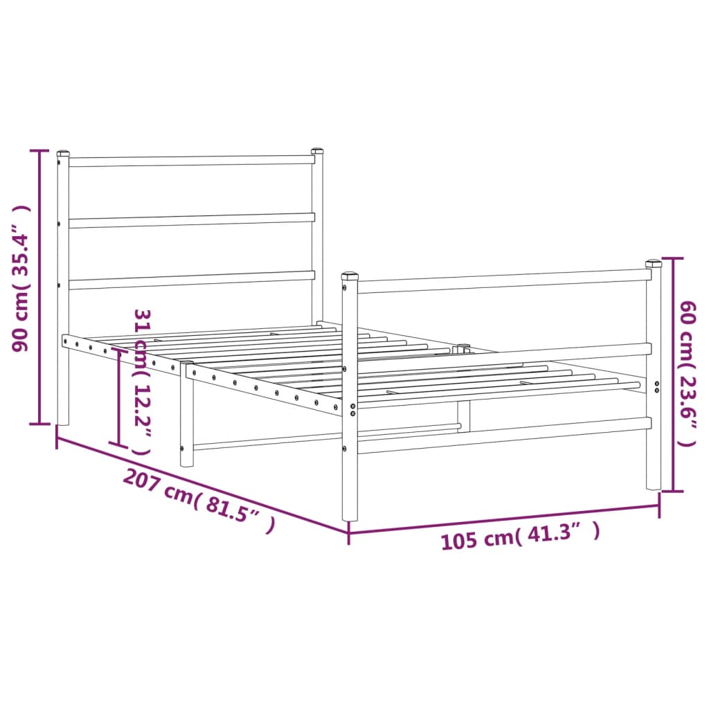 Metal Bed Frame without Mattress with Footboard White 100x200cm