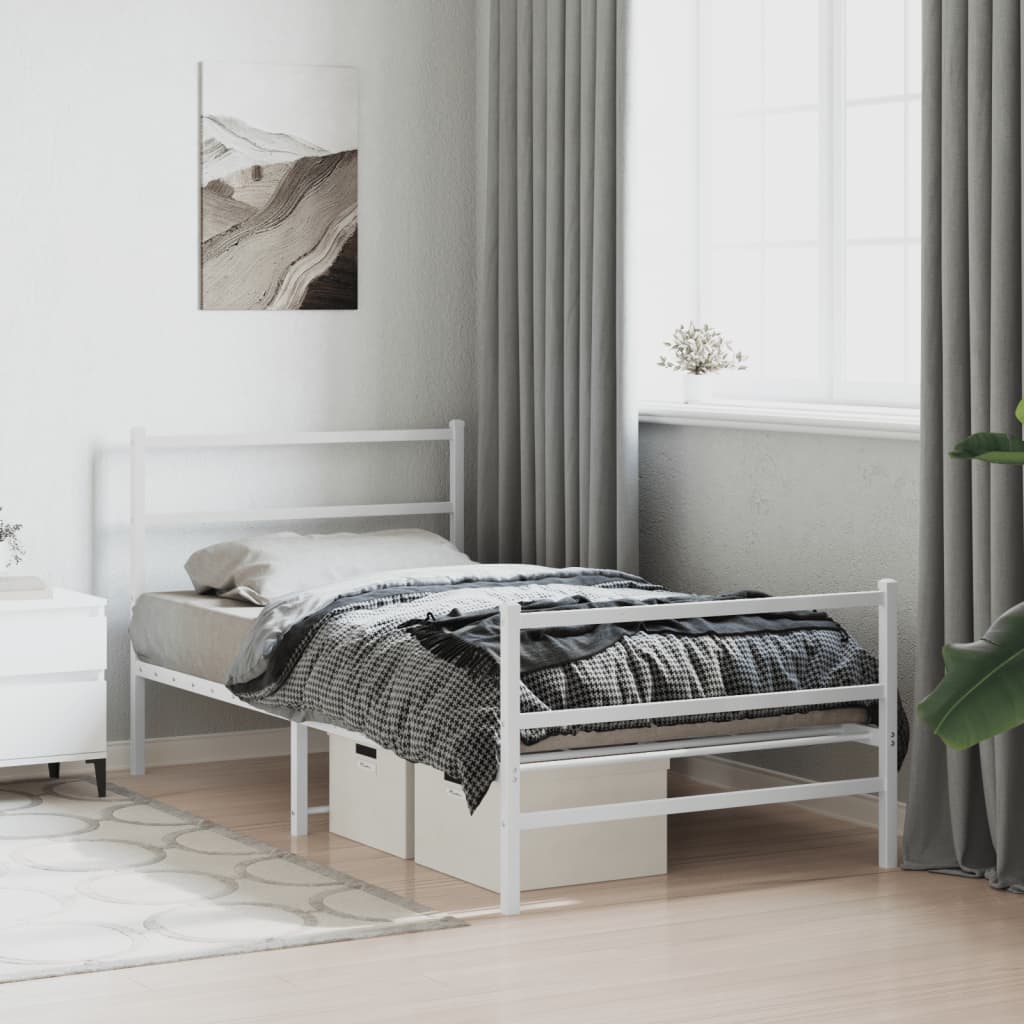 Metal Bed Frame without Mattress with Footboard White 107x203cm