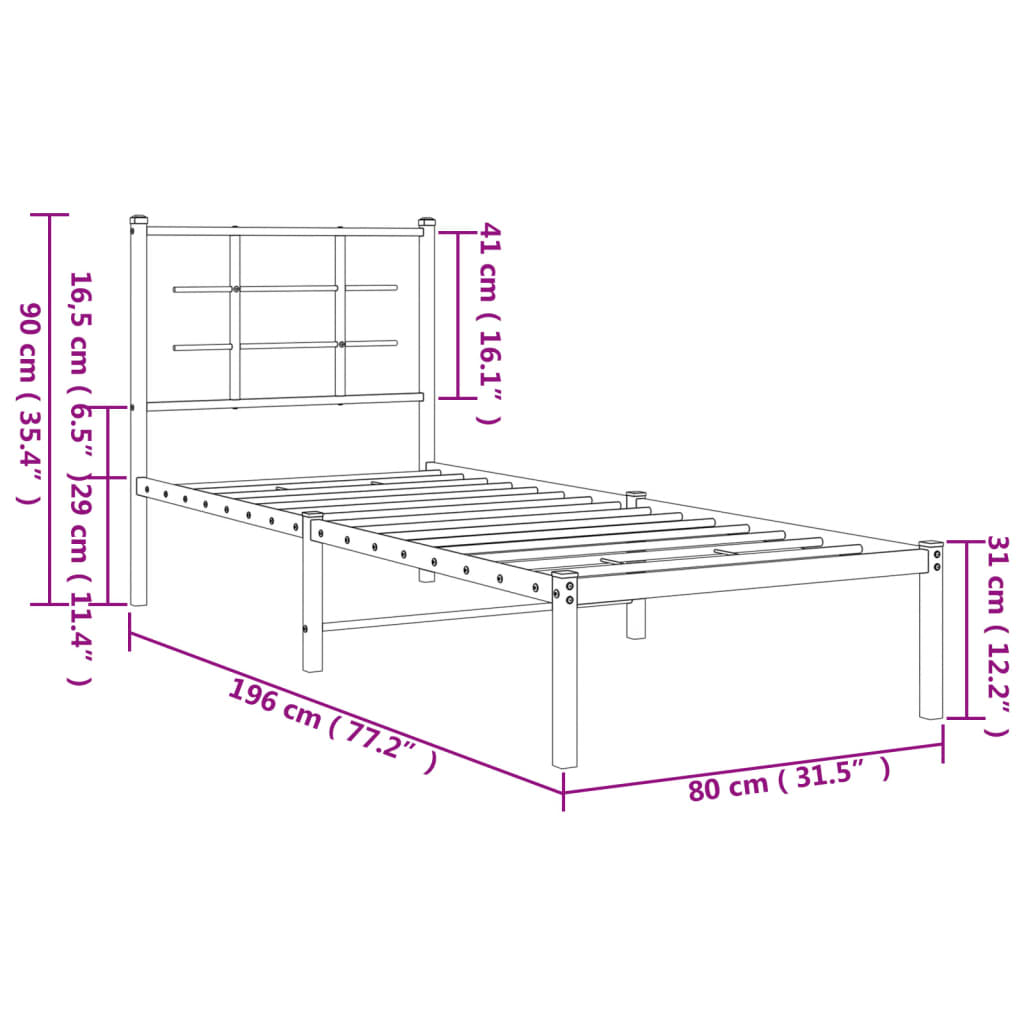 Metal Bed Frame without Mattress with Headboard Black 75x190cm