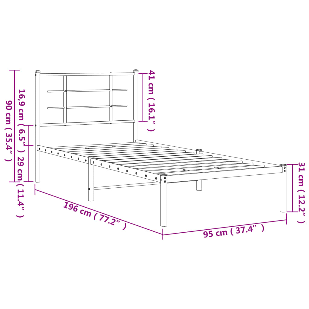 Metal Bed Frame without Mattress with Headboard Black 90x190cm