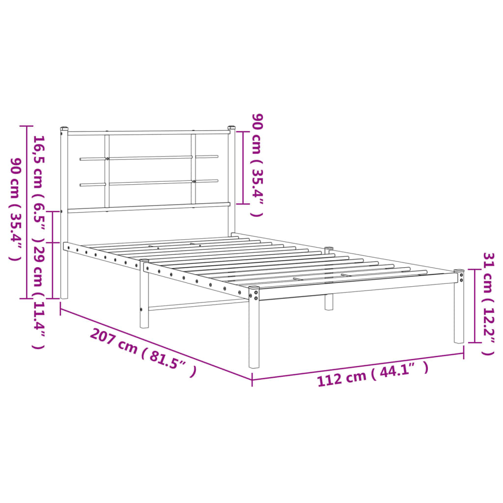 Metal Bed Frame without Mattress with Headboard Black 107x203cm