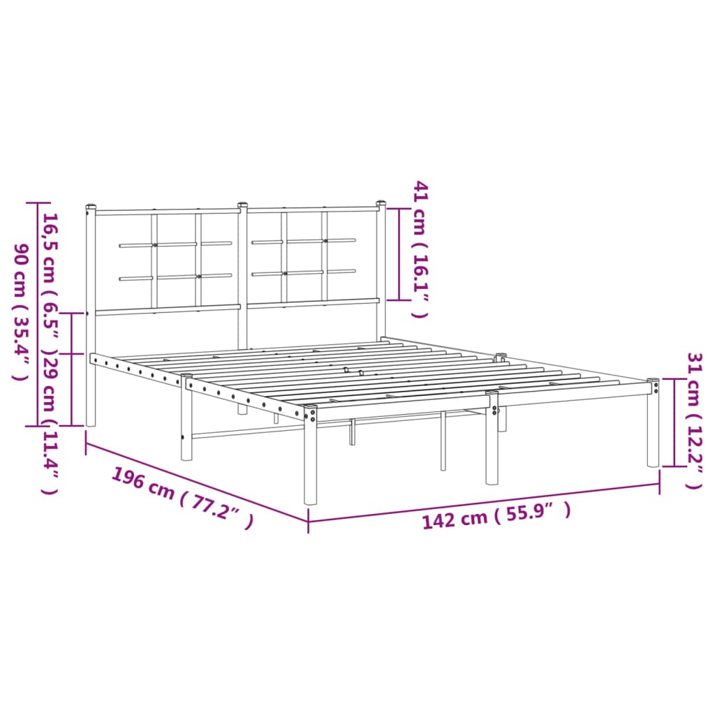 Metal Bed Frame without Mattress with Headboard Black 135x190cm