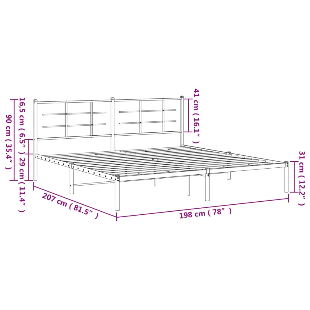 Metal Bed Frame without Mattress with Headboard Black 193x203cm