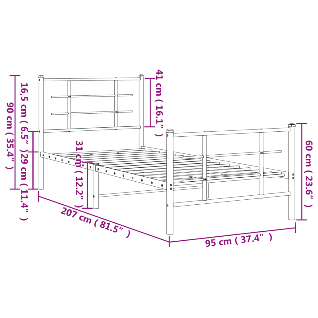 Metal Bed Frame without Mattress with Footboard Black 90x200cm