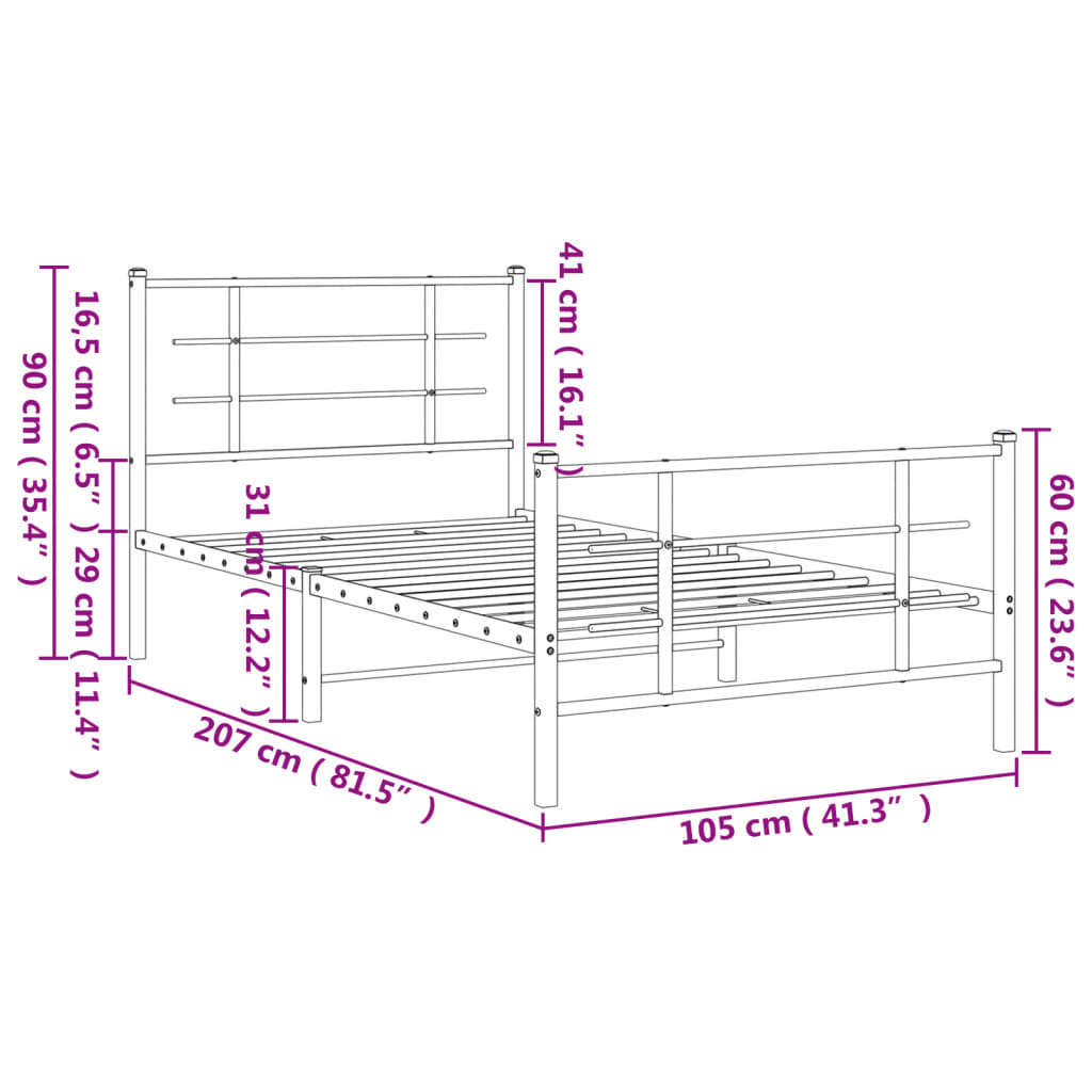 Metal Bed Frame without Mattress with Footboard Black 100x200cm