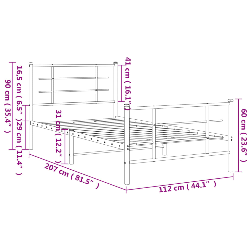 Metal Bed Frame without Mattress with Footboard Black 107x203cm