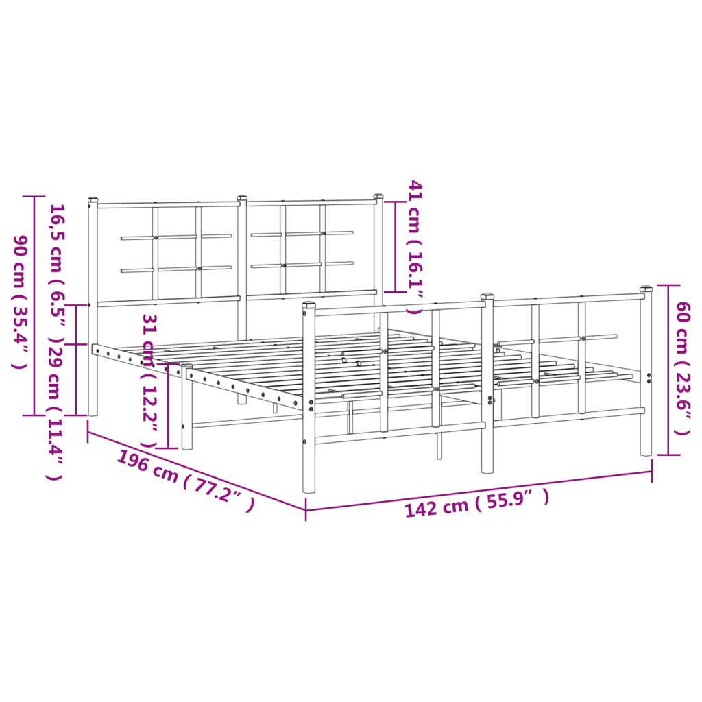 Metal Bed Frame without Mattress with Footboard Black 135x190cm