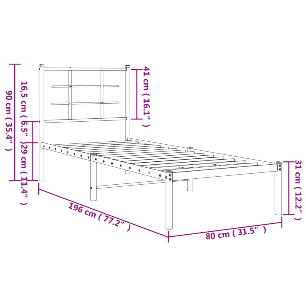 Metal Bed Frame without Mattress with Headboard White 75x190cm