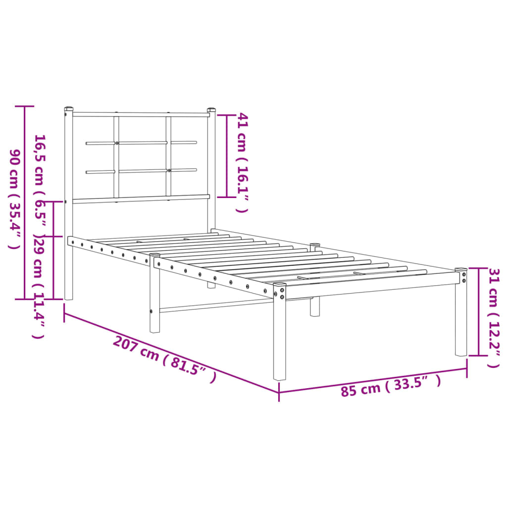 Metal Bed Frame without Mattress with Headboard White 80x200cm