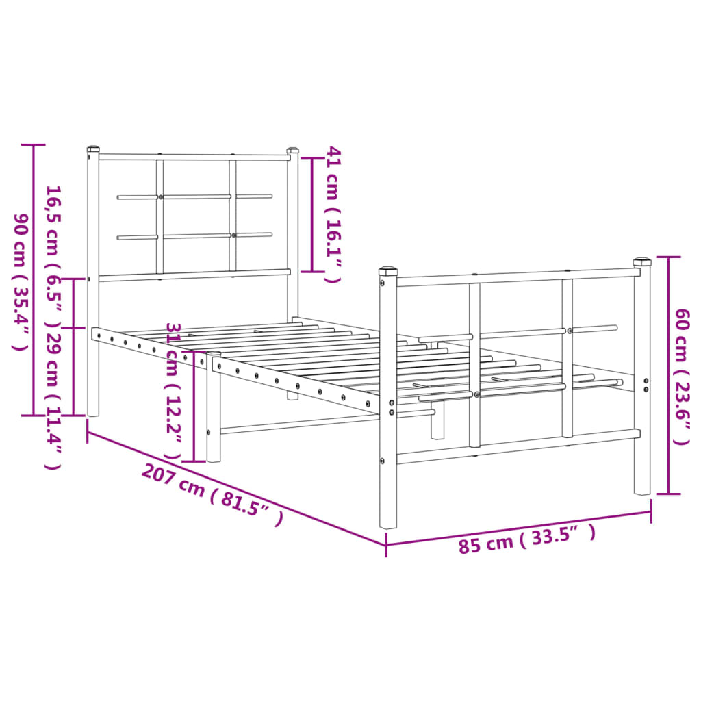Metal Bed Frame without Mattress with Footboard White 80x200cm