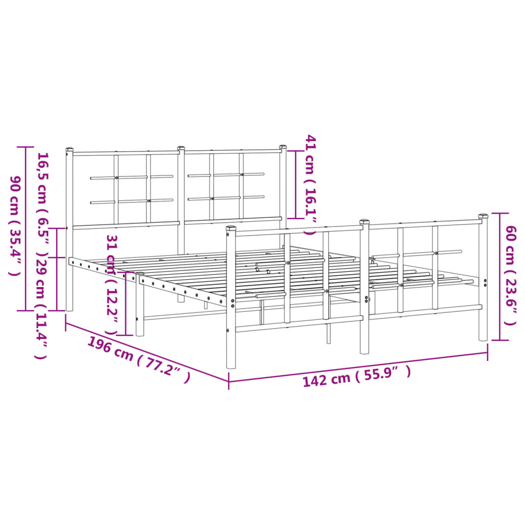 Metal Bed Frame without Mattress with Footboard White 135x190cm