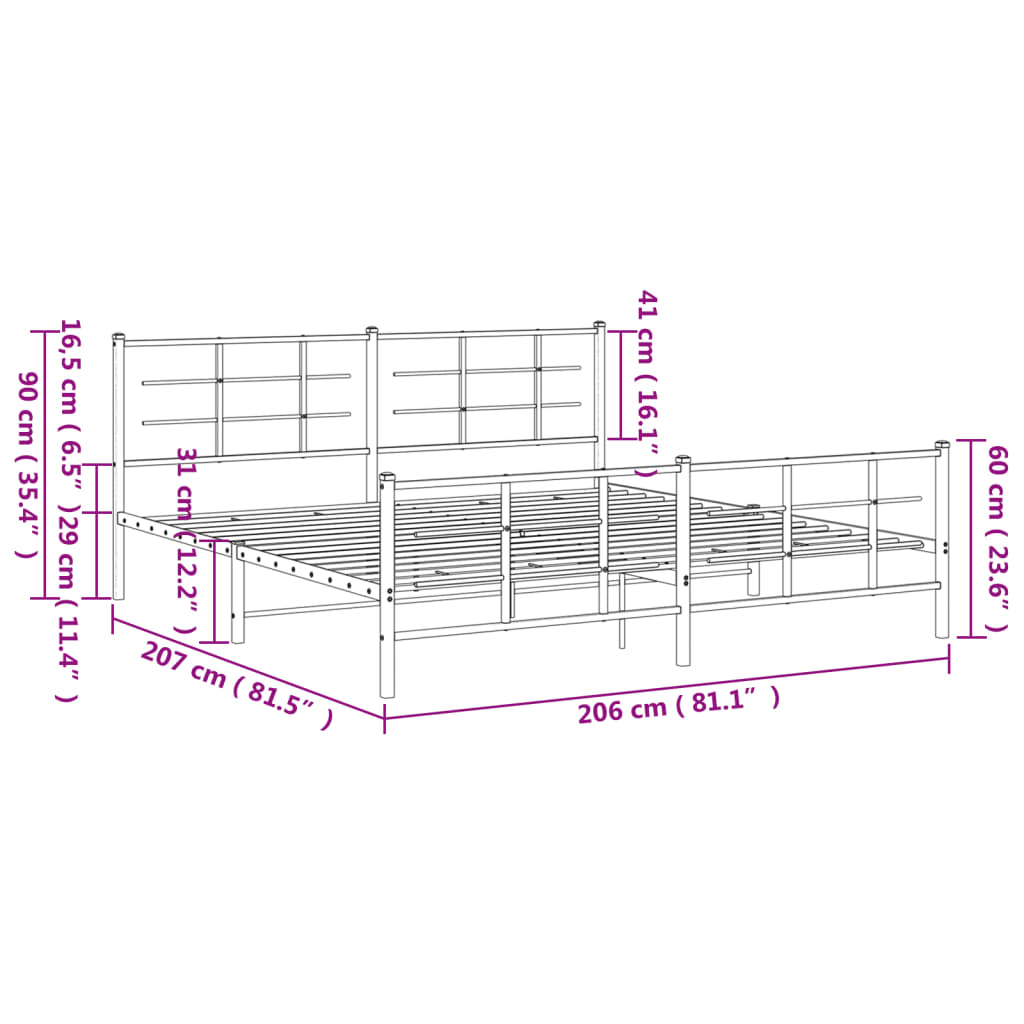 Metal Bed Frame without Mattress with Footboard White 200x200cm