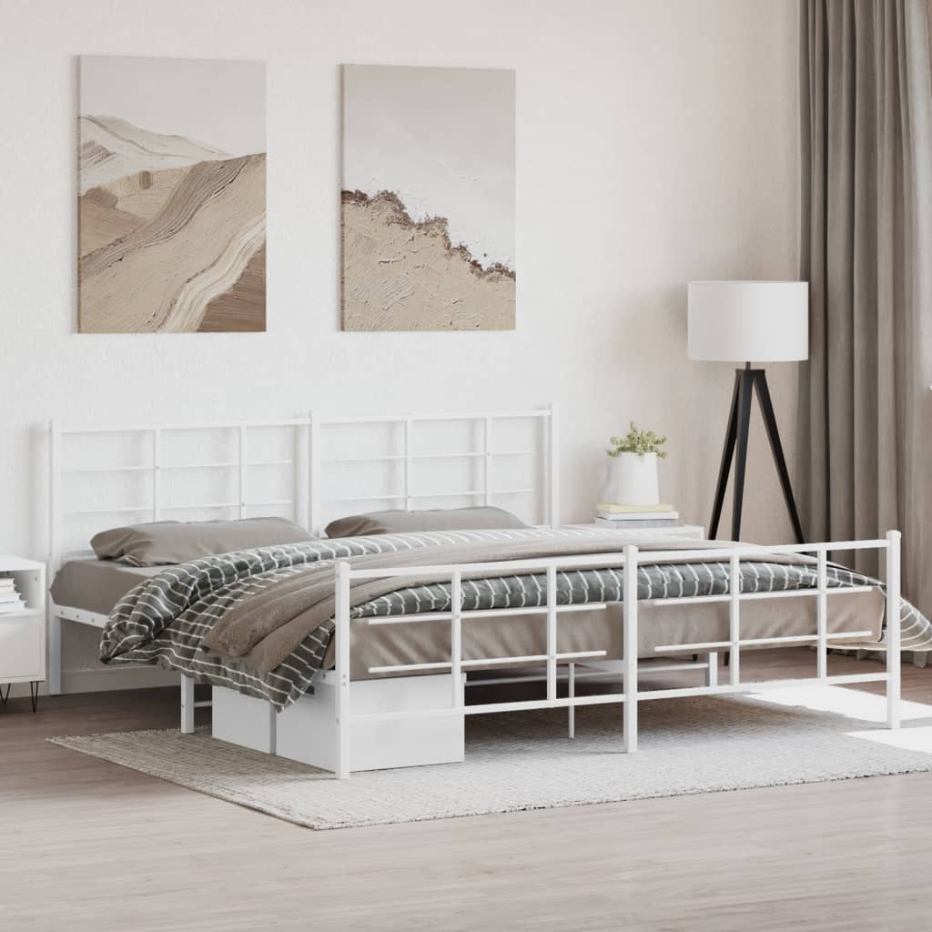 Metal Bed Frame without Mattress with Footboard White 200x200cm