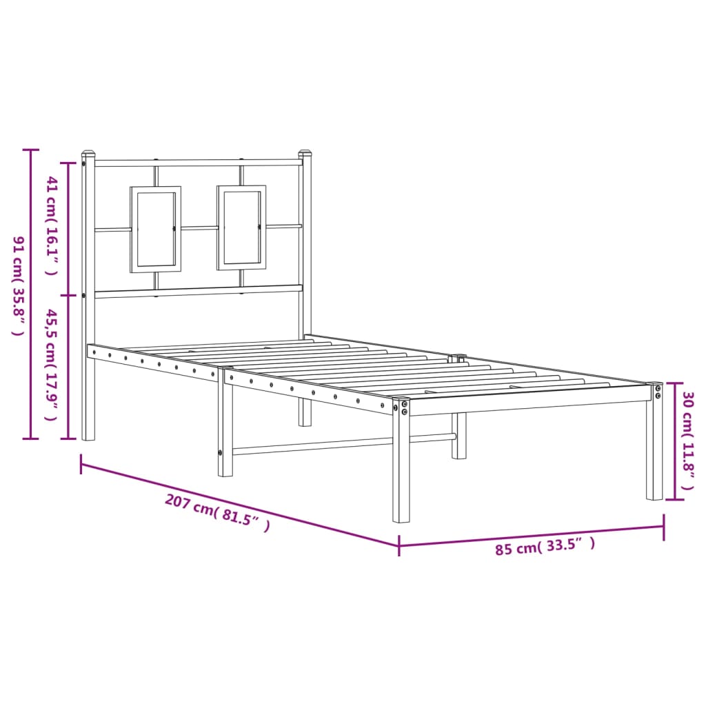 Metal Bed Frame without Mattress with Headboard Black 80x200cm