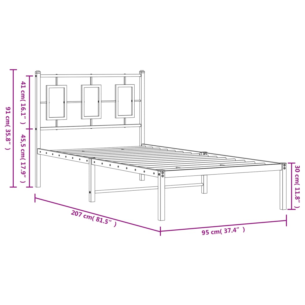 Metal Bed Frame without Mattress with Headboard Black 90x200cm