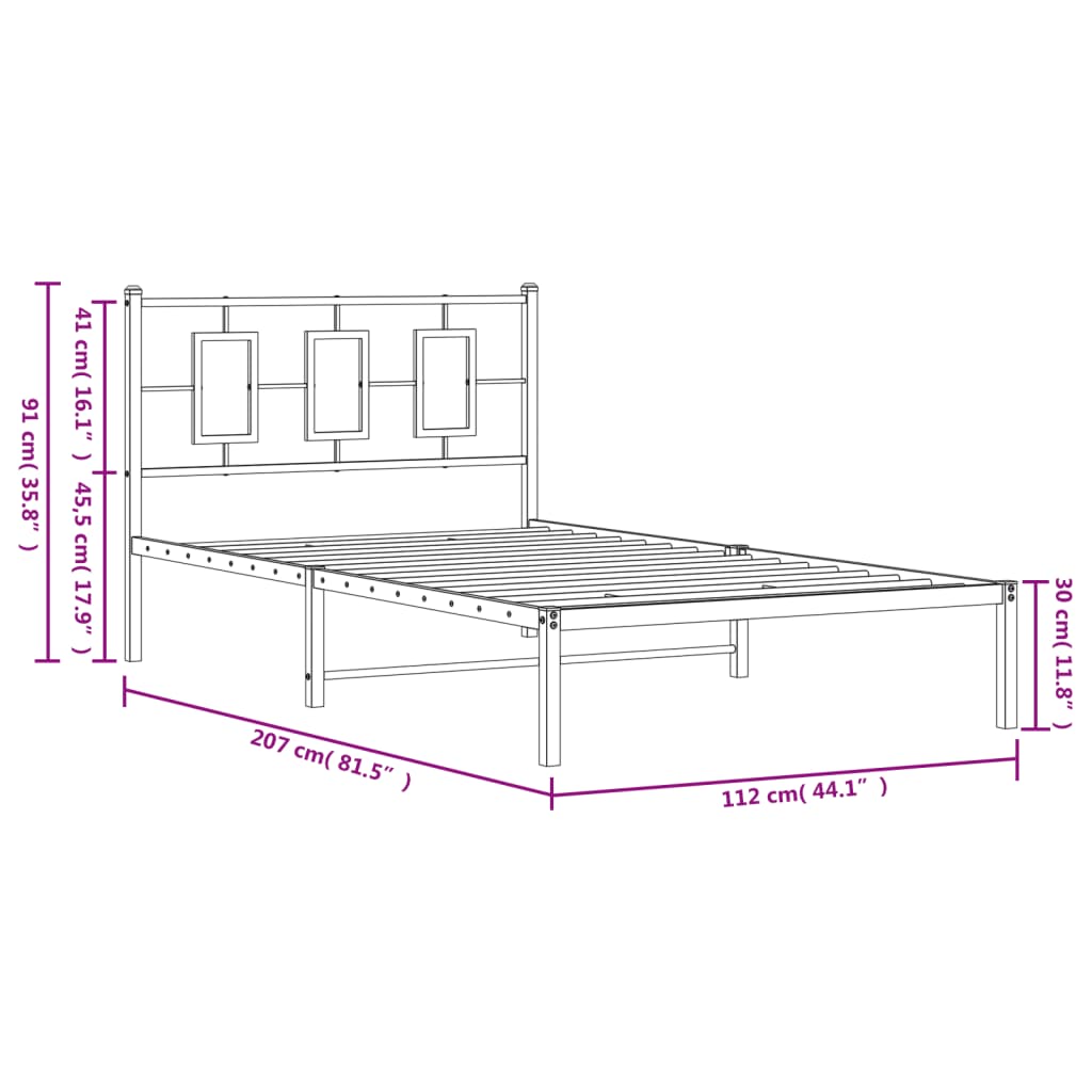 Metal Bed Frame without Mattress with Headboard Black 107x203cm