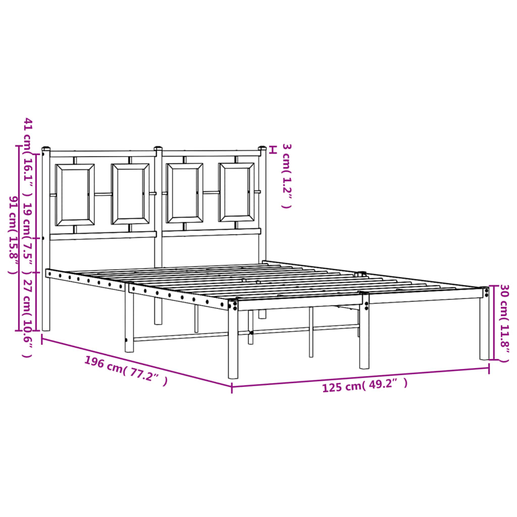 Metal Bed Frame without Mattress with Headboard Black 120x190cm