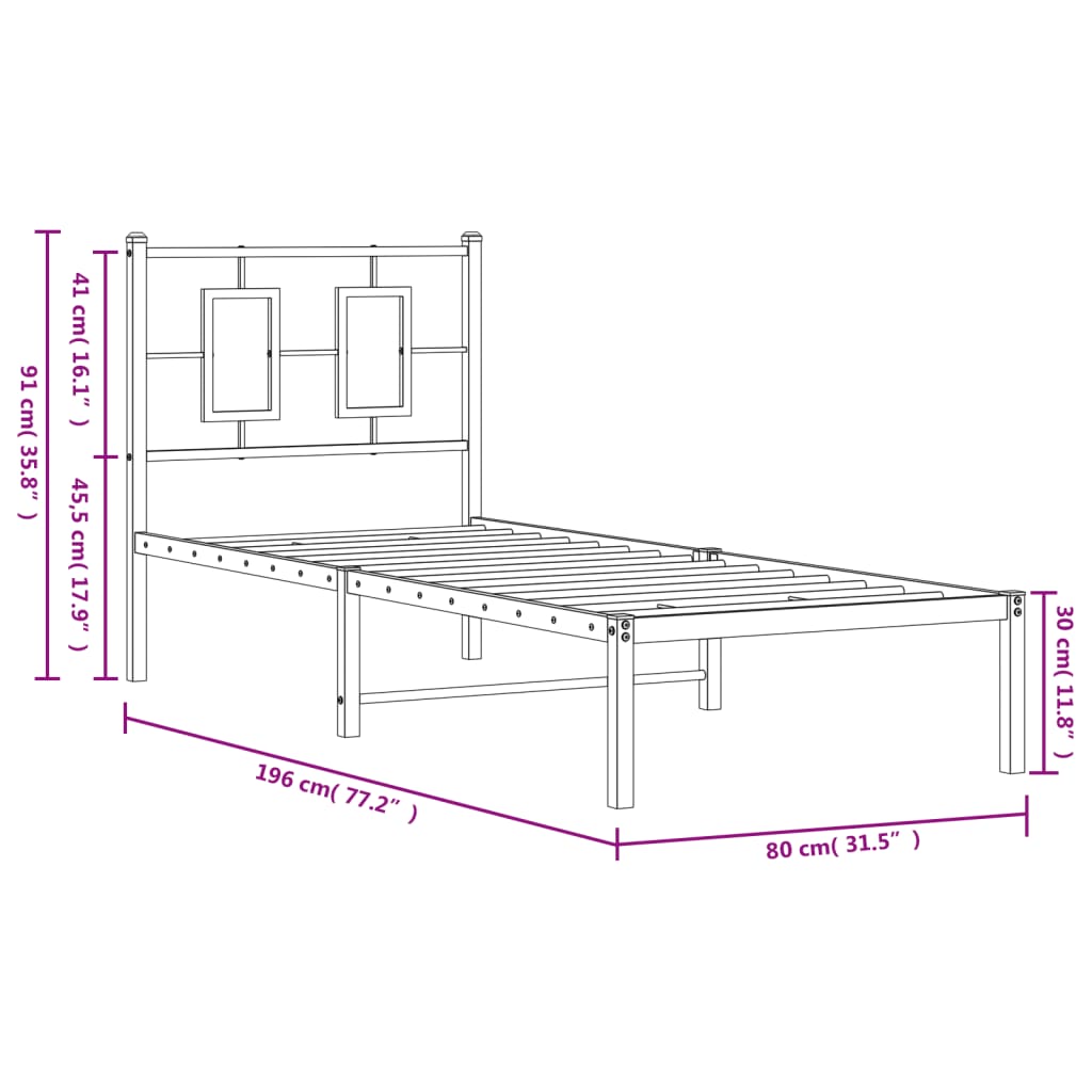 Metal Bed Frame without Mattress with Headboard White 75x190cm