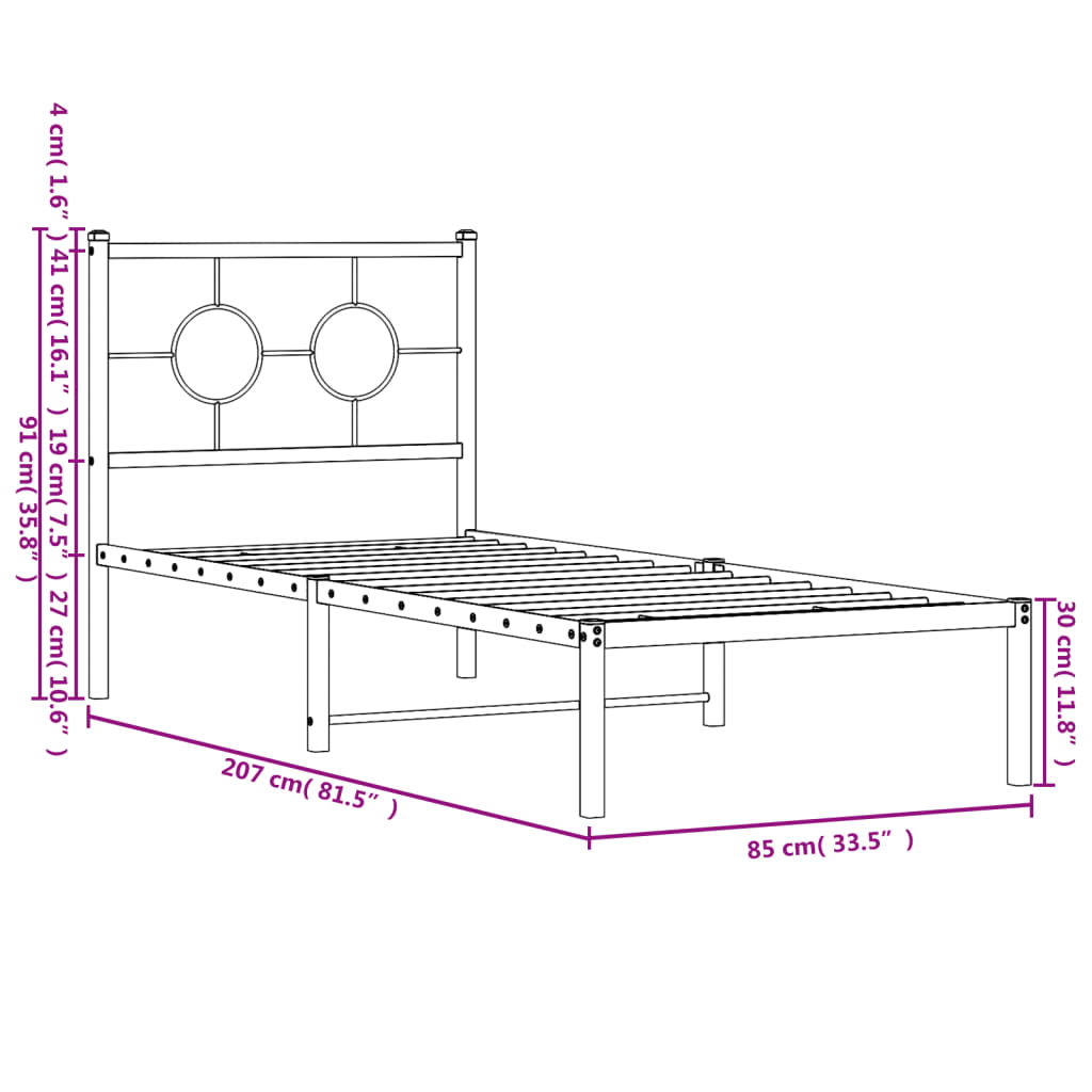 Metal Bed Frame without Mattress with Headboard Black 80x200cm