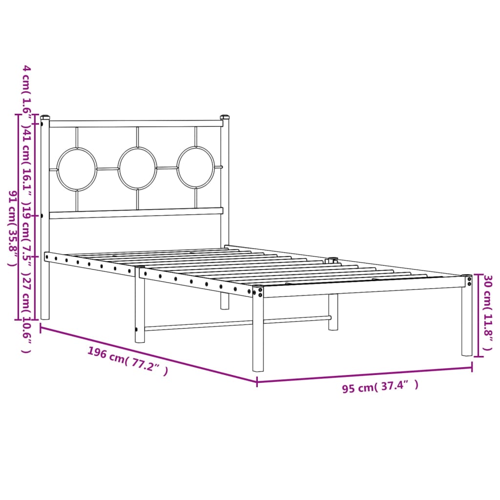 Metal Bed Frame without Mattress with Headboard Black 90x190cm
