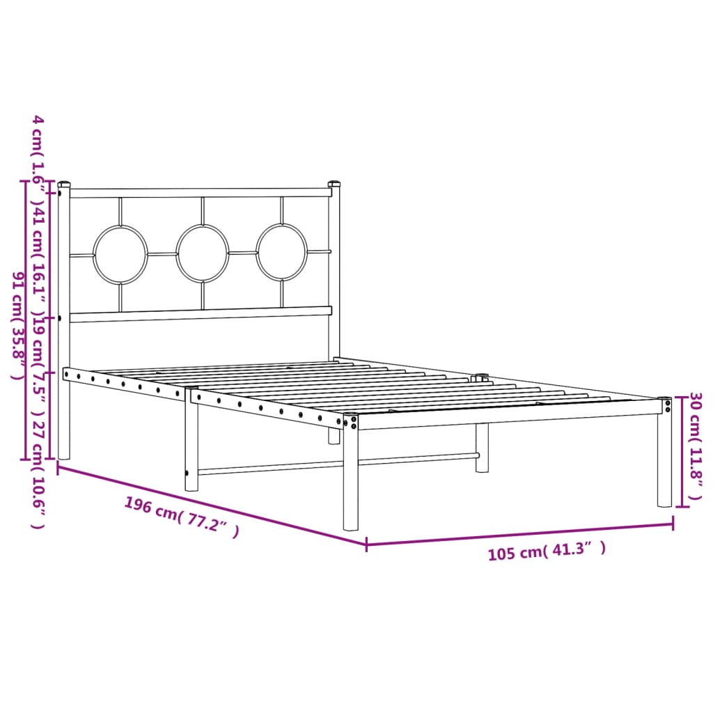Metal Bed Frame without Mattress with Headboard Black 100x190cm