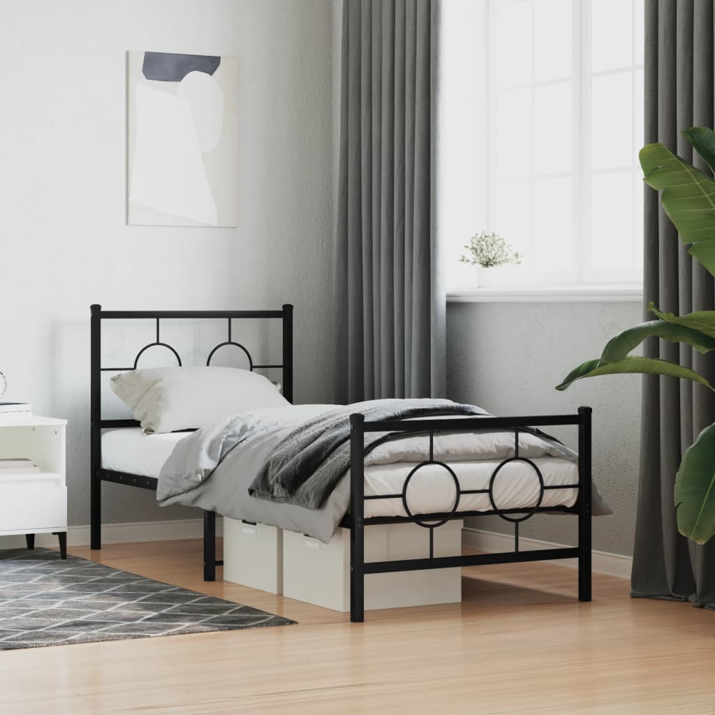 Metal Bed Frame without Mattress with Footboard Black 75x190cm