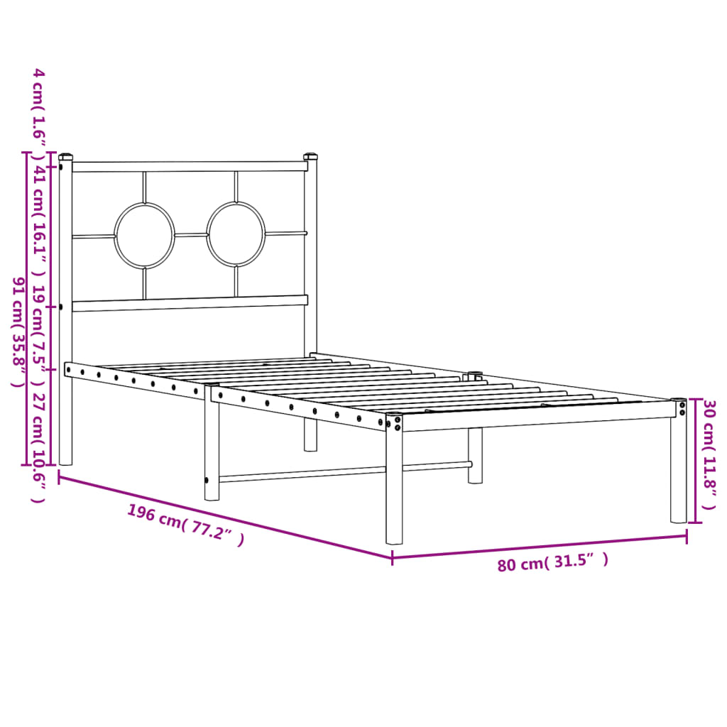 Metal Bed Frame without Mattress with Headboard White 75x190cm