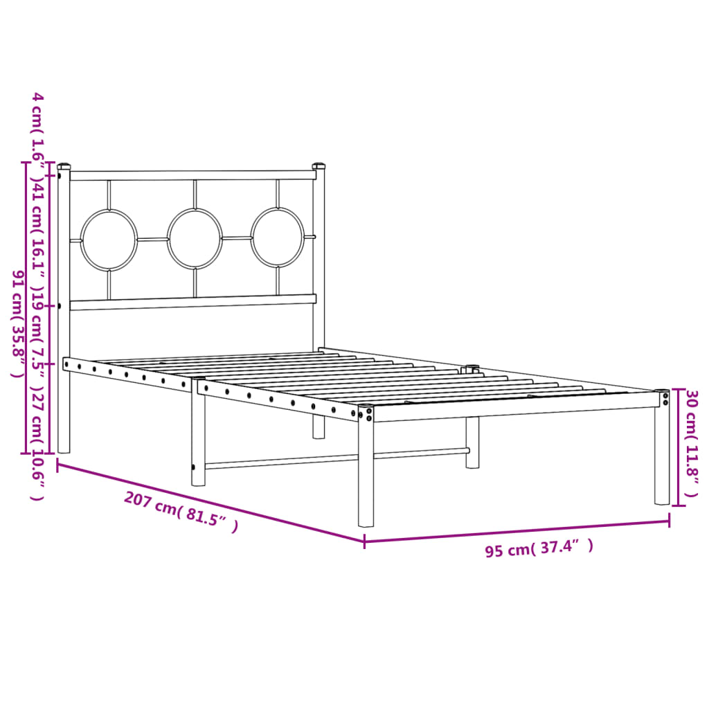 Metal Bed Frame without Mattress with Headboard White 90x200cm