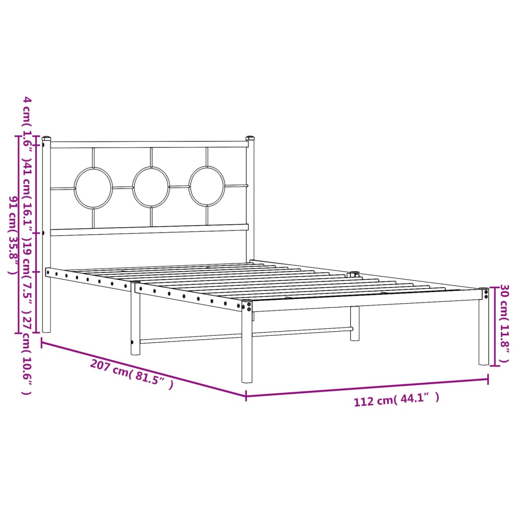 Metal Bed Frame without Mattress with Headboard White 107x203cm