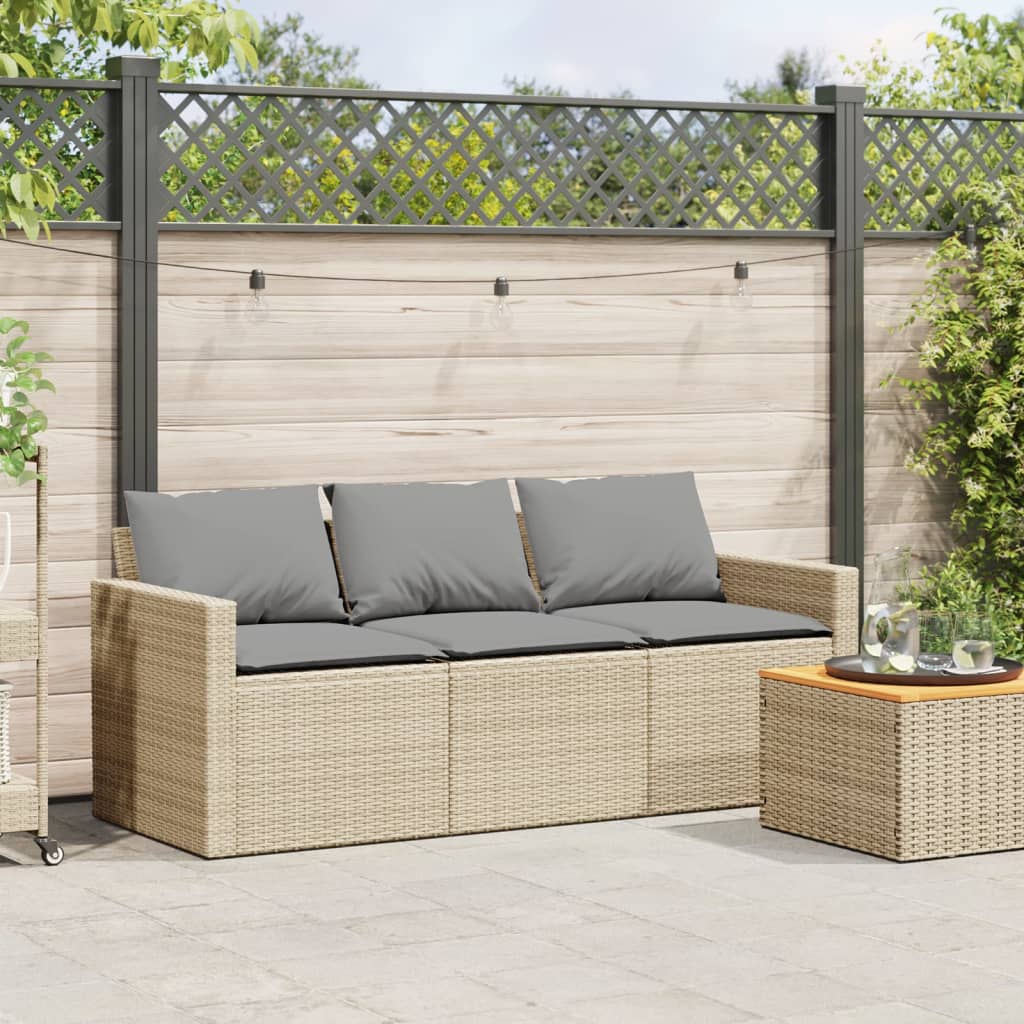 Garden Sofa with Cushions 3-Seater Beige Poly Rattan