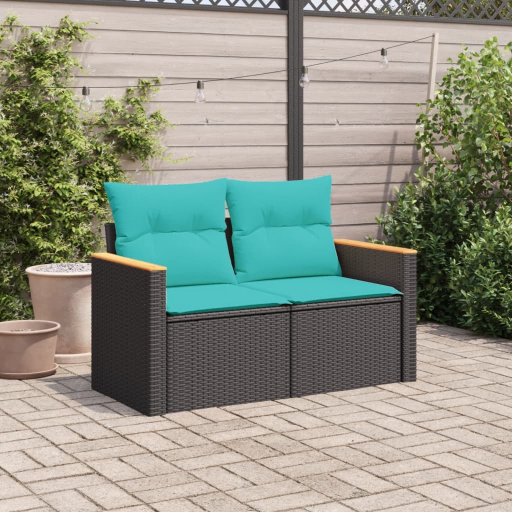 Garden Sofa with Cushions 2-Seater Black Poly Rattan