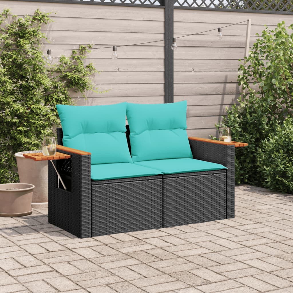 Garden Sofa with Cushions 2-Seater Black Poly Rattan