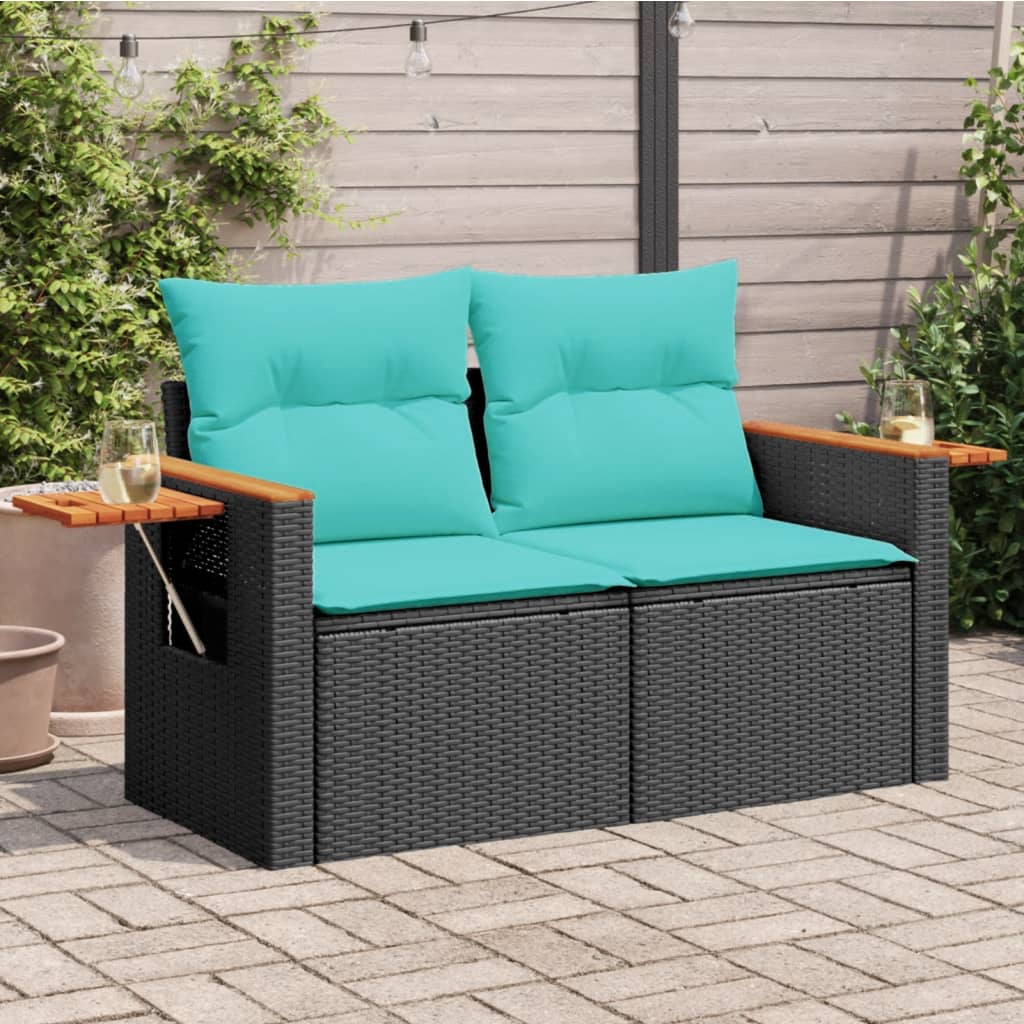 Garden Sofa with Cushions 2-Seater Black Poly Rattan