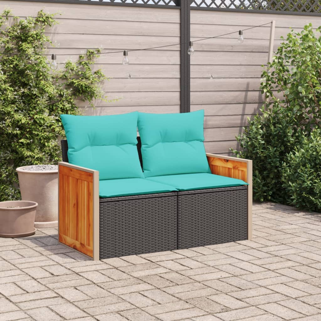 Garden Sofa with Cushions 2-Seater Black Poly Rattan