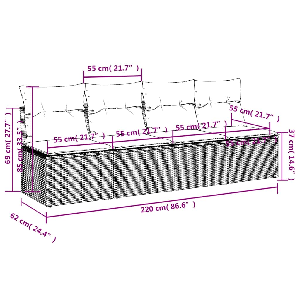 Garden Sofa with Cushion Grey 220 x 62 x 69cm Poly Rattan