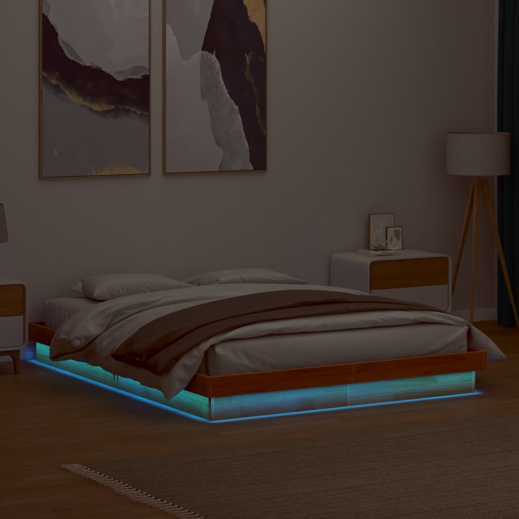 LED Bed Frame without Mattress Wax Brown 160x200 cm Solid Wood