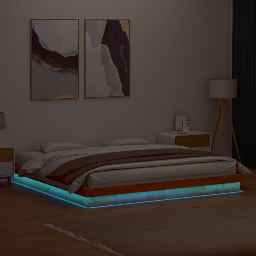 LED Bed Frame without Mattress Wax Brown 200x200 cm Solid Wood