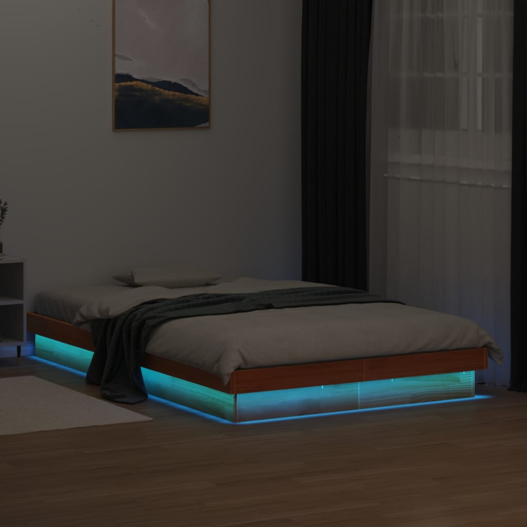 LED Bed Frame without Mattress Wax Brown 135x190 cm Double Solid Wood