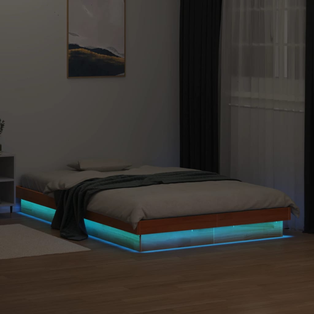 LED Bed Frame without Mattress Wax Brown 140x190 cm Solid Wood
