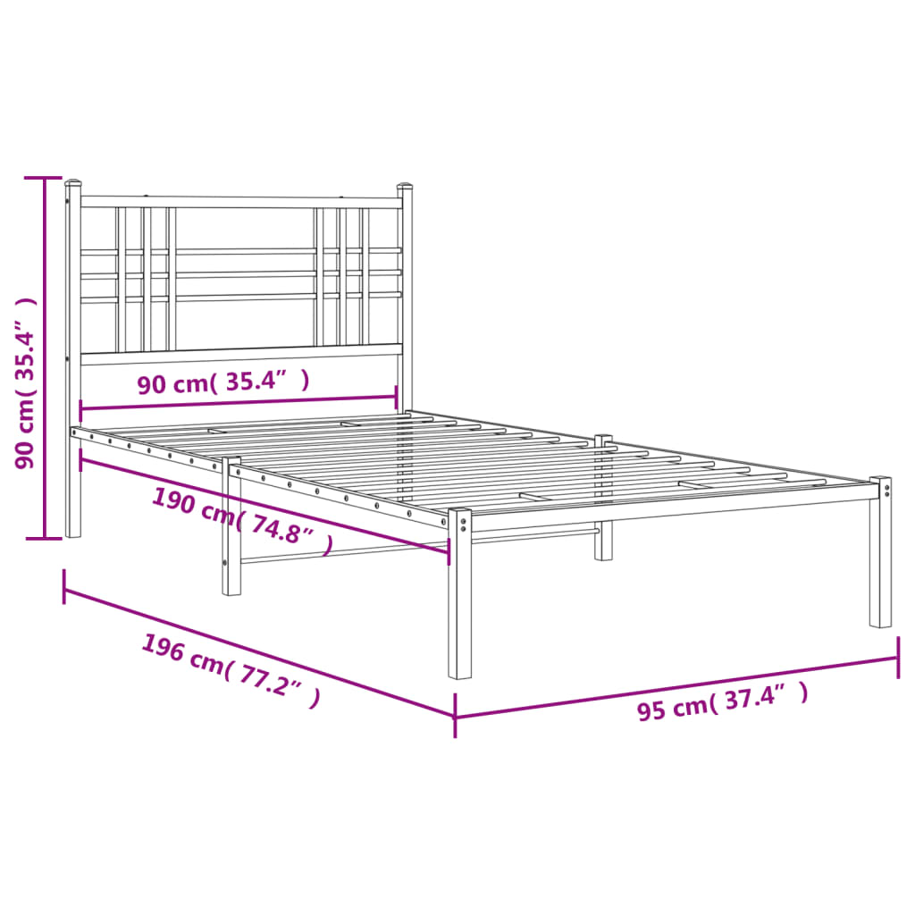 Metal Bed Frame without Mattress with Headboard Black 90x190cm