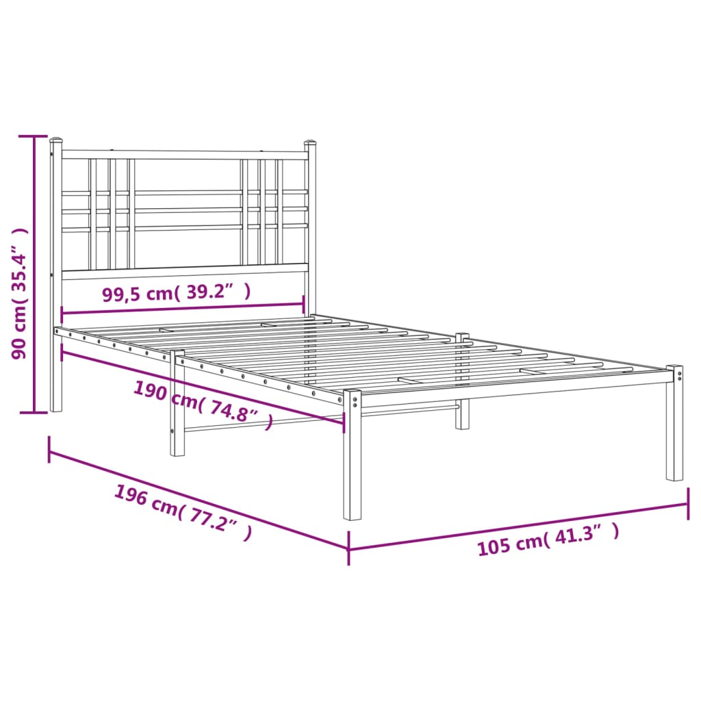 Metal Bed Frame without Mattress with Headboard Black 100x190cm