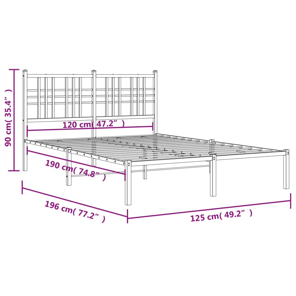 Metal Bed Frame without Mattress with Headboard Black 120x190cm