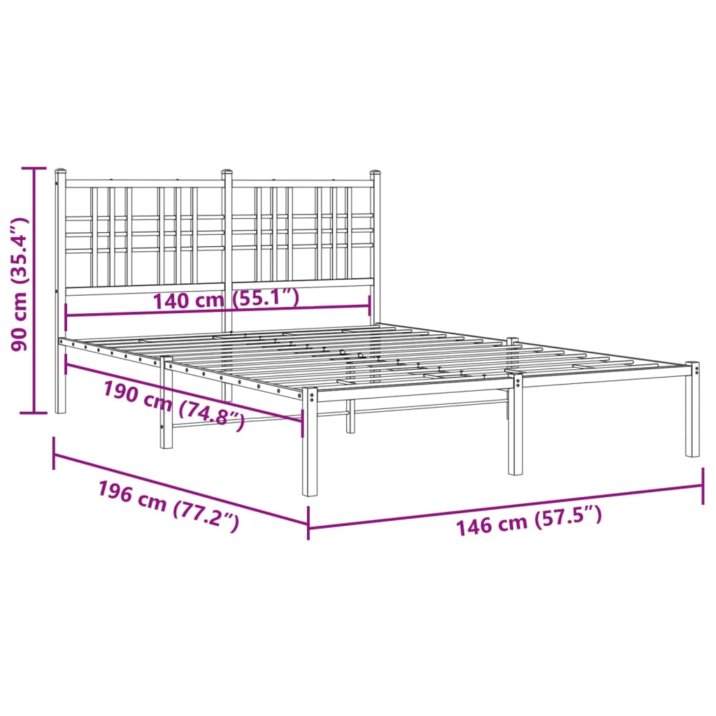 Metal Bed Frame without Mattress with Headboard Black 140x190cm