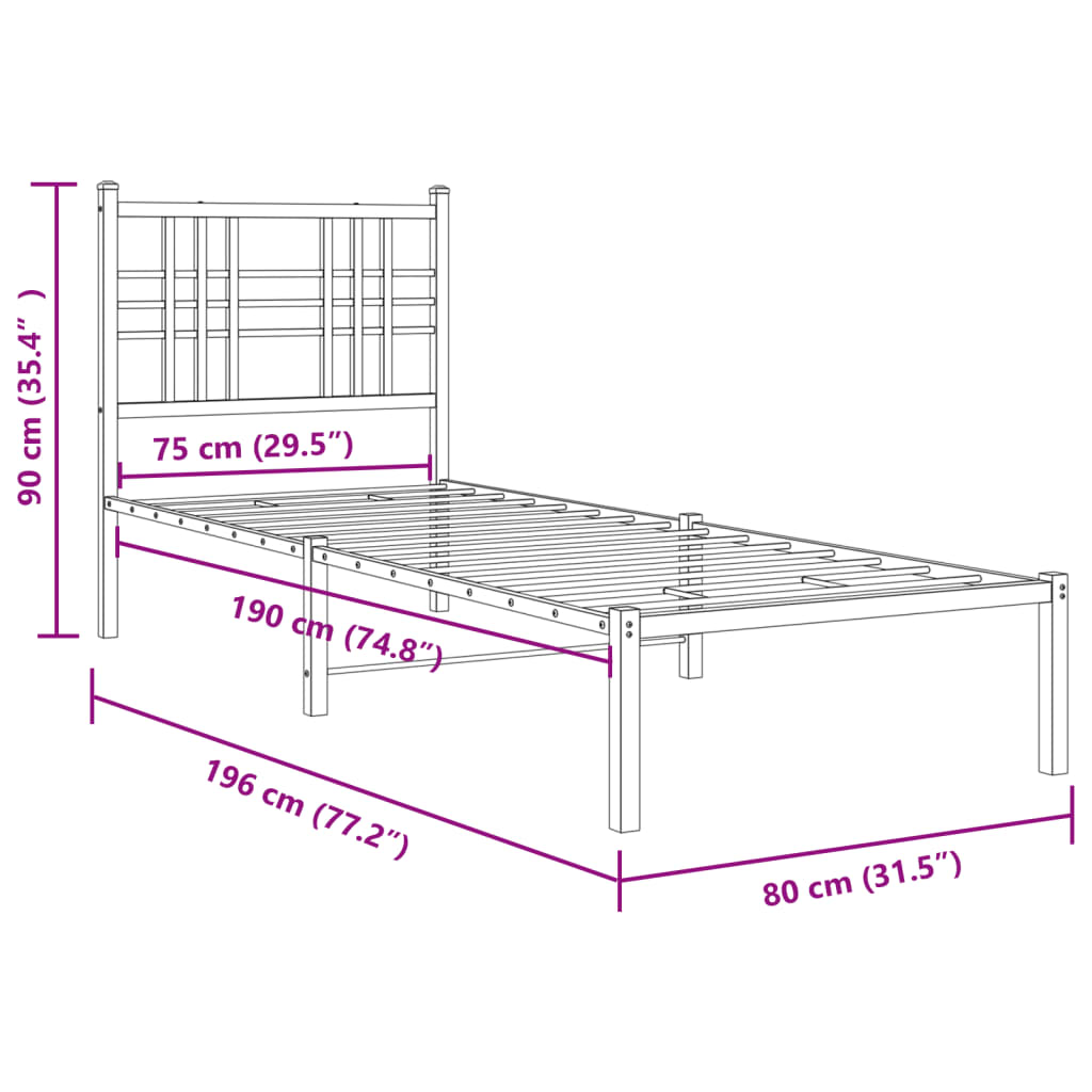 Metal Bed Frame without Mattress with Footboard Black 75x190cm